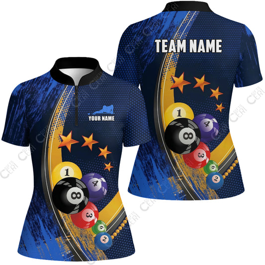 Customized 8 Ball Pool Stand Collar Quarter-Zip Short Sleeve Women's Shirt, Brush Paint Billiards 8-Ball, Personalized Billiards Jersey