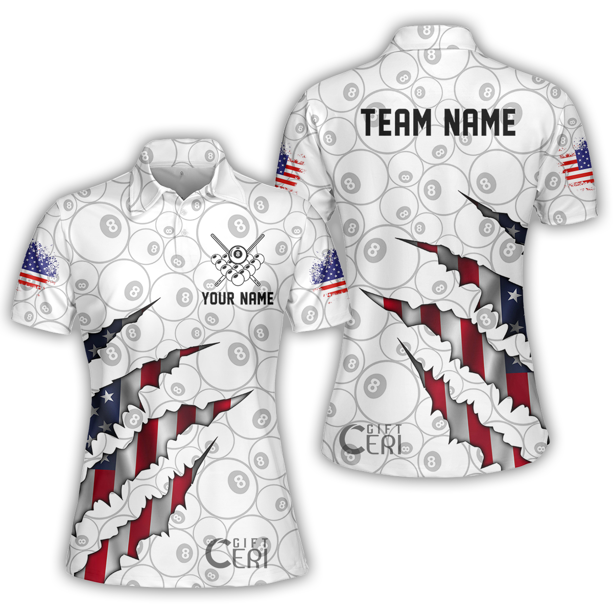 Customized Billiards Women Polo Shirt, Personalized American Flag Scratch 8 Ball Jersey Gift For Billiard Players