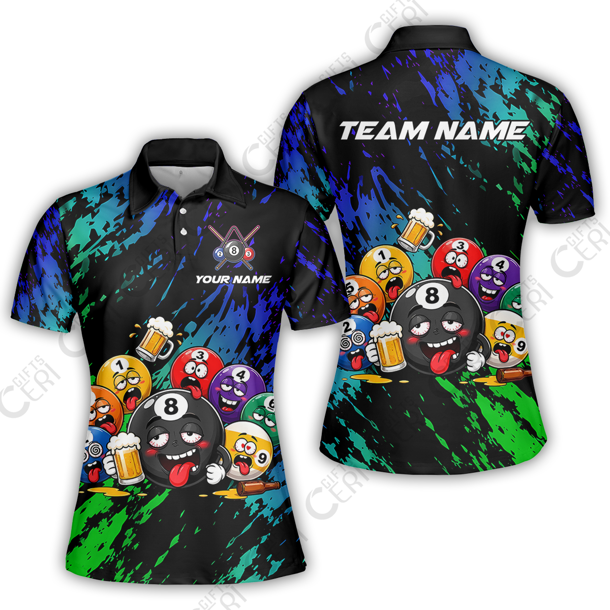Customized 8 And 9 Ball Pool Women Polo Shirt Drunk 8 Ball Holding Beer Billiard Jerseys Custom Name And Team Name