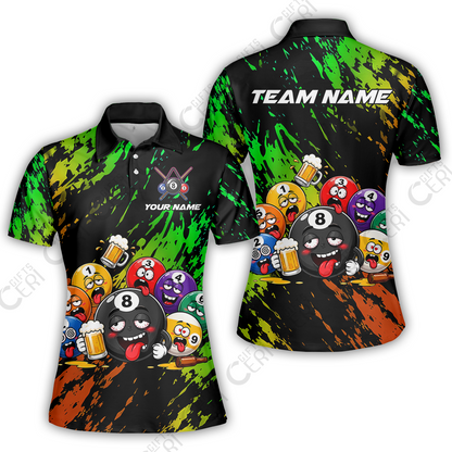 Customized 8 And 9 Ball Pool Women Polo Shirt Drunk 8 Ball Holding Beer Billiard Jerseys Custom Name And Team Name