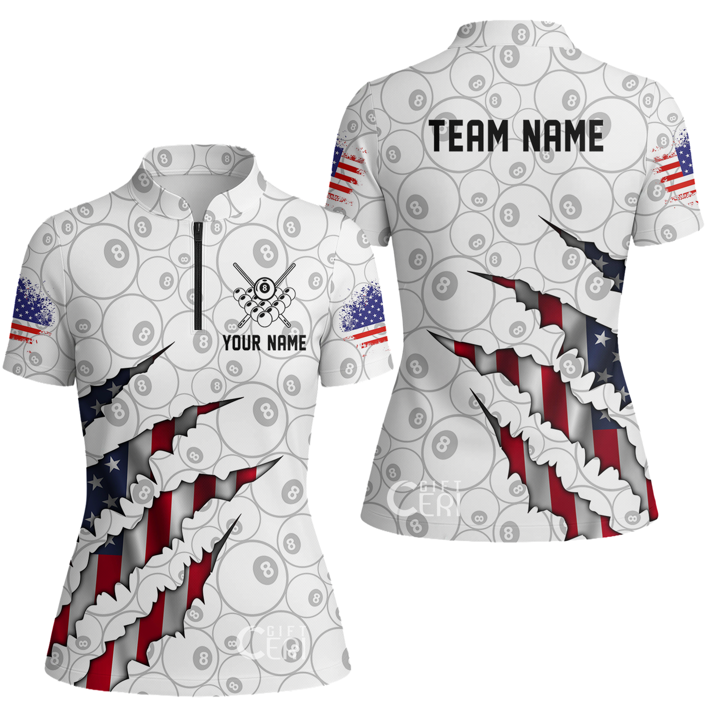 Customized Billiards Stand Collar Quarter Zip Short Sleeve Women's Shirt, Personalized American Flag Scratch 8 Ball Jersey