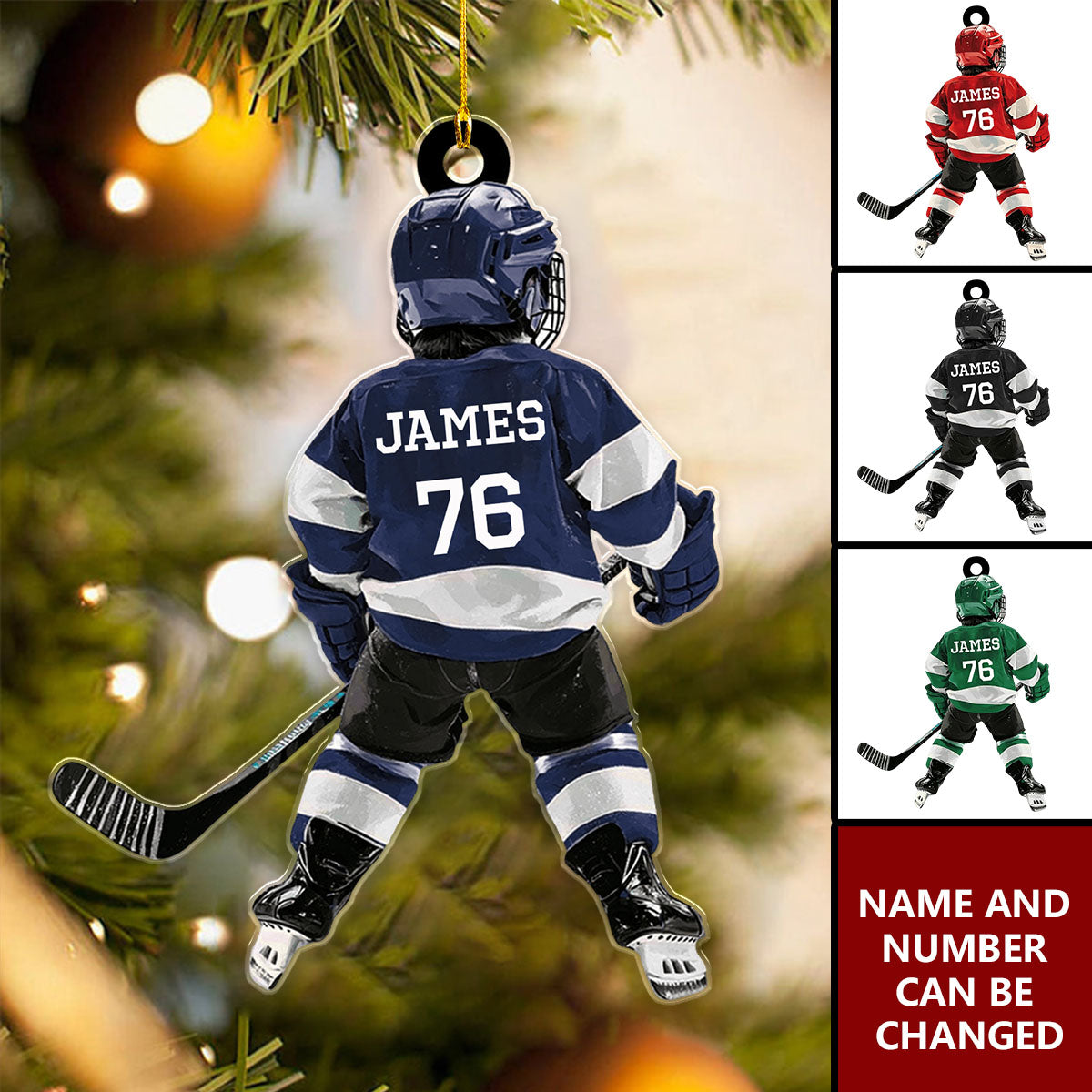 Personalized Kid Ice Hockey Player Flat Acrylic Ornament, Meaningful Ornament Gifts For Son, Grandson, Granddaughter