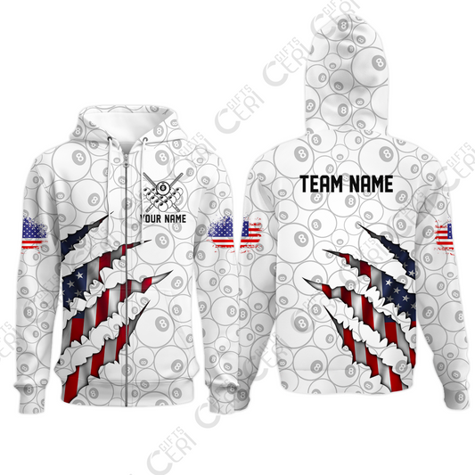 Customized Billiards Zip Hoodies, Personalized American Flag Scratch 8 Ball Jersey Gift For Billiard Players