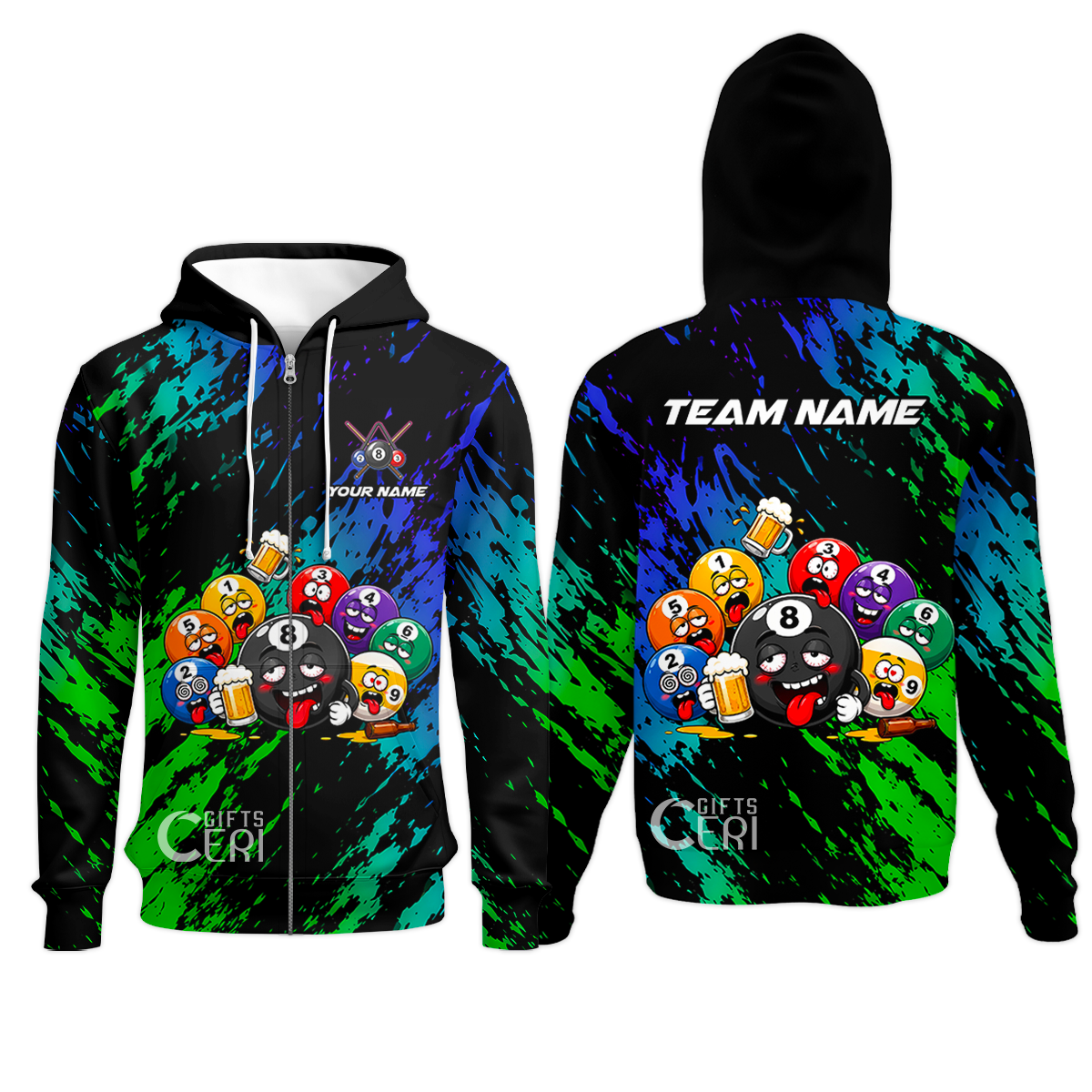 Customized 8 And 9 Ball Pool Zip Hoodie Drunk 8 Ball Holding Beer Billiard Jerseys Custom Name And Team Name