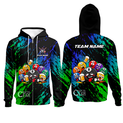 Customized 8 And 9 Ball Pool Zip Hoodie Drunk 8 Ball Holding Beer Billiard Jerseys Custom Name And Team Name