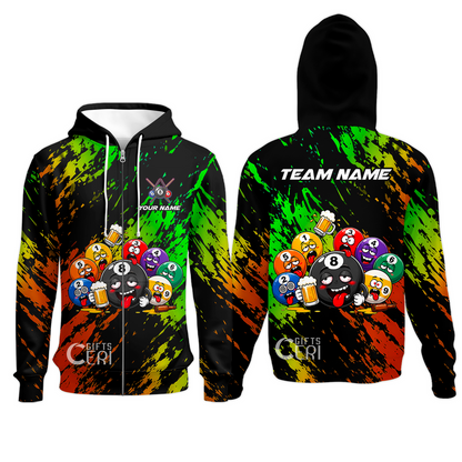 Customized 8 And 9 Ball Pool Zip Hoodie Drunk 8 Ball Holding Beer Billiard Jerseys Custom Name And Team Name