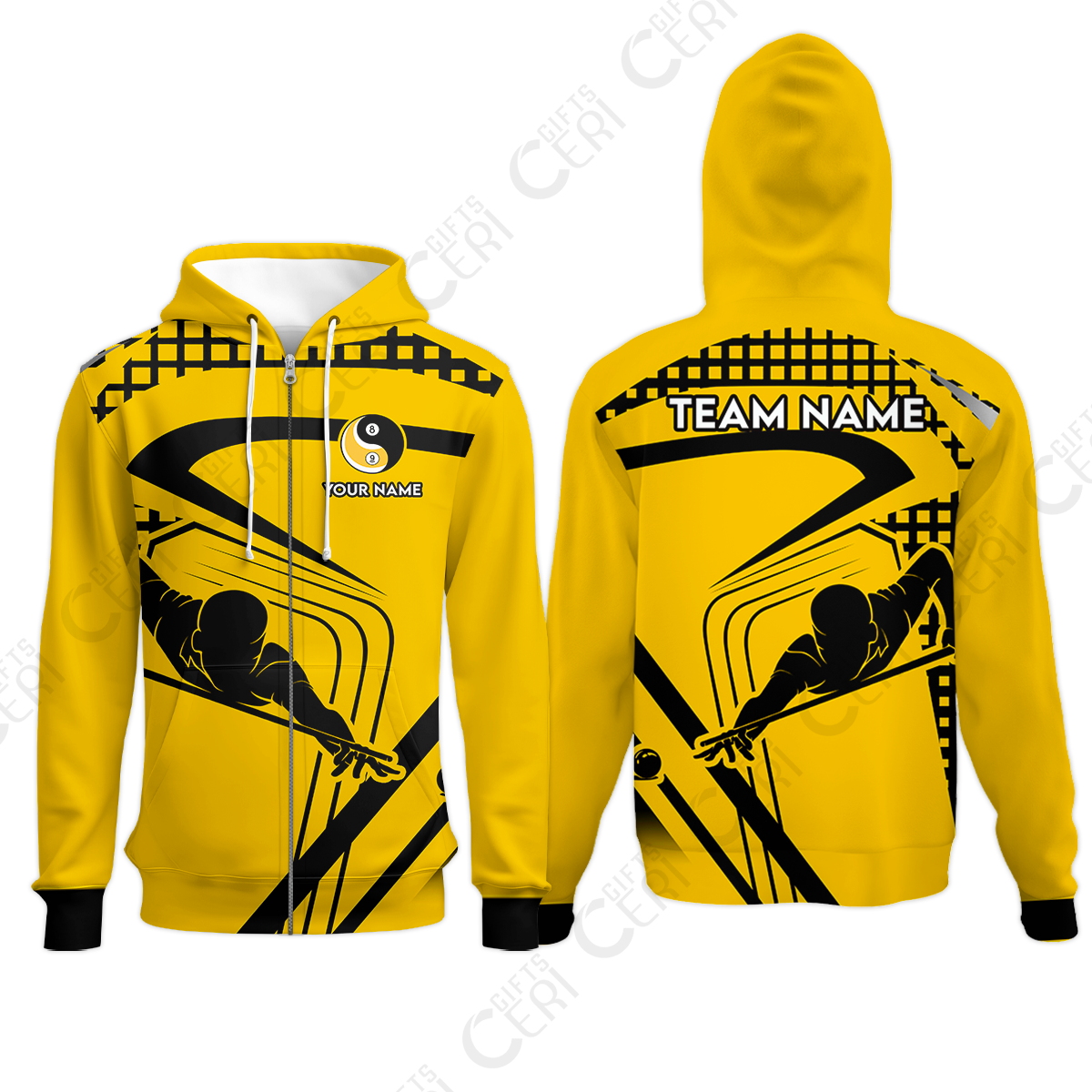 Customized Billiards Zip Hoodies, Personalized Yellow Slash Yin Yang 8 9 Ball Jersey Gift For Billiard Players