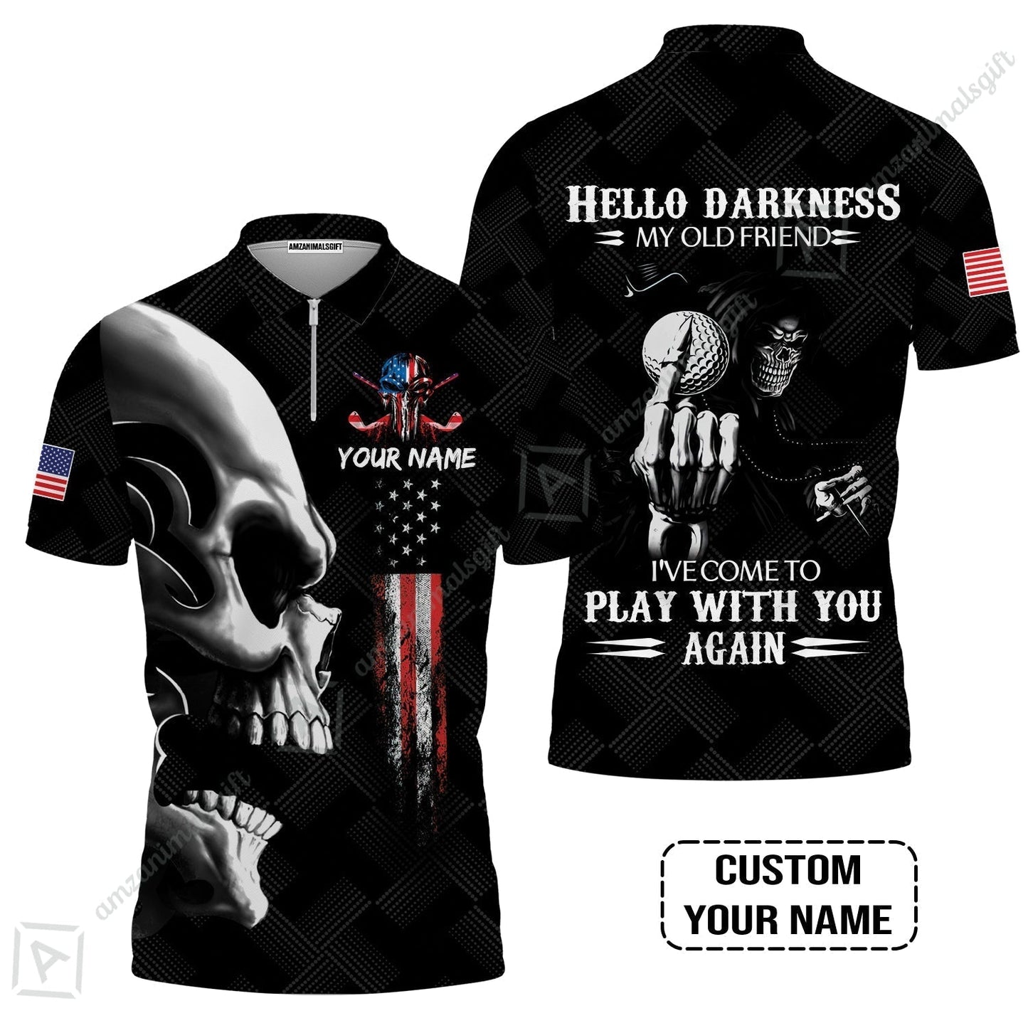 Personalized Golf Hawaiian Shirt- Custom Name Skull Shirt, Golf American Flag Hello Darkness My Old Friend Hawaiian Shirt