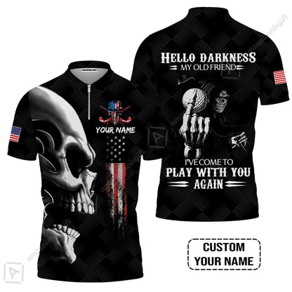 Personalized Golf Hawaiian Shirt- Custom Name Skull Shirt, Golf American Flag Hello Darkness My Old Friend Hawaiian Shirt