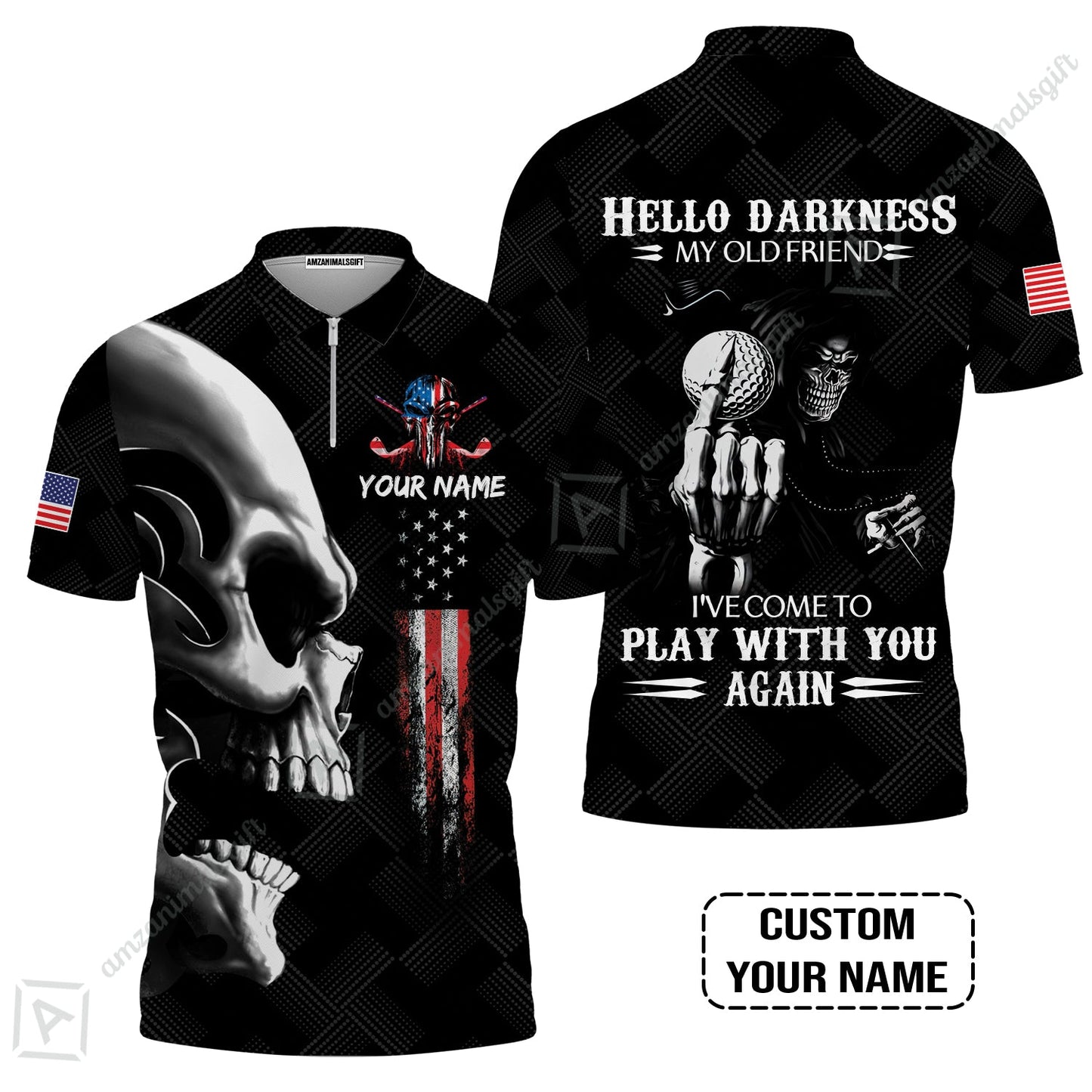 Personalized Golf Men Polo Shirt - Custom Name Skull Shirt, Golf American Flag Hello Darkness My Old Friend Men Polo Shirt