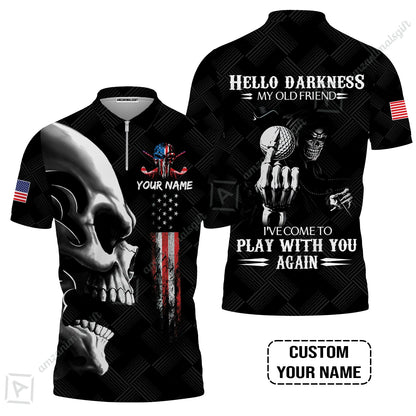 Personalized Golf Men Polo Shirt - Custom Name Skull Shirt, Golf American Flag Hello Darkness My Old Friend Men Polo Shirt