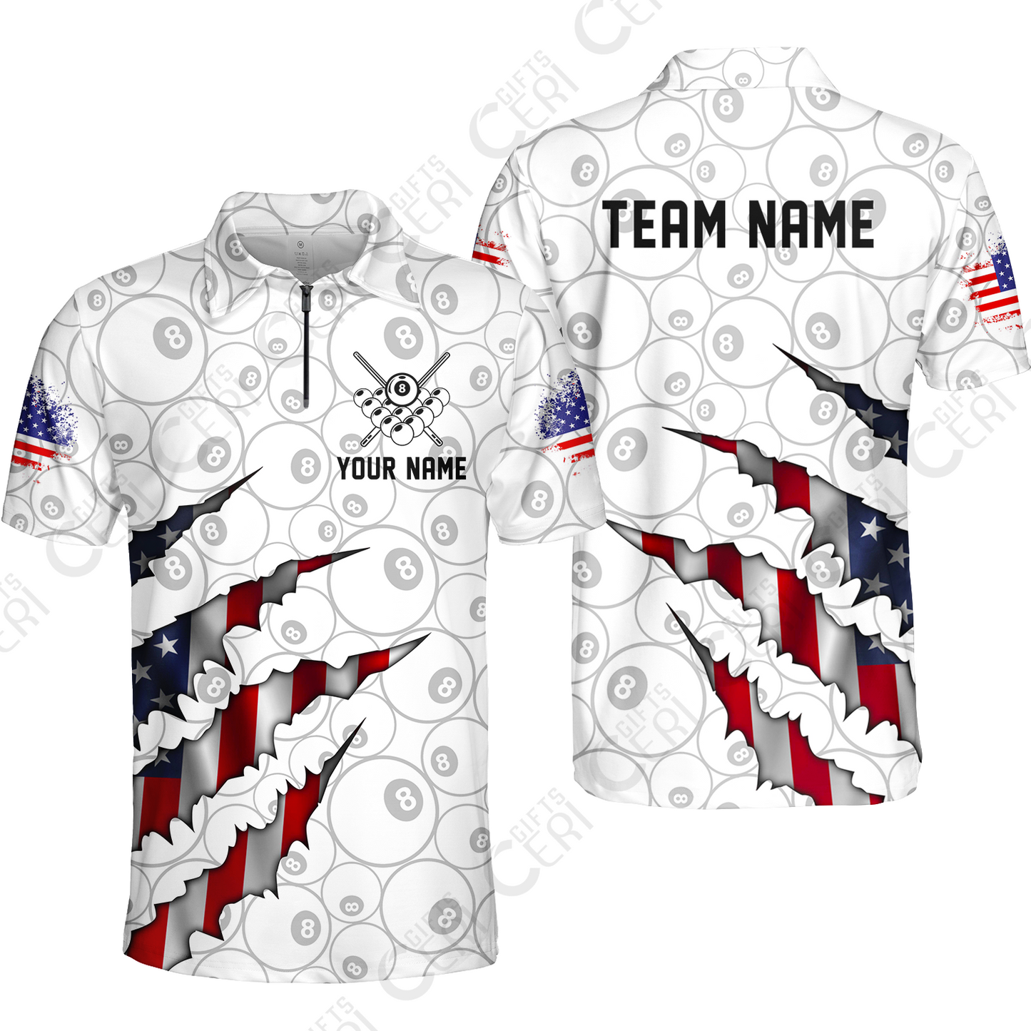 Customized Billiards Quarter-Zip Polo Shirt, Personalized American Flag Scratch 8 Ball Jersey Gift For Billiard Players