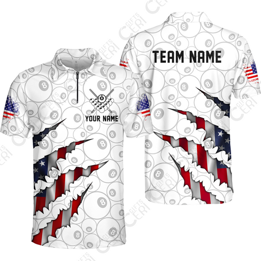 Customized Billiards Quarter-Zip Polo Shirt, Personalized American Flag Scratch 8 Ball Jersey Gift For Billiard Players
