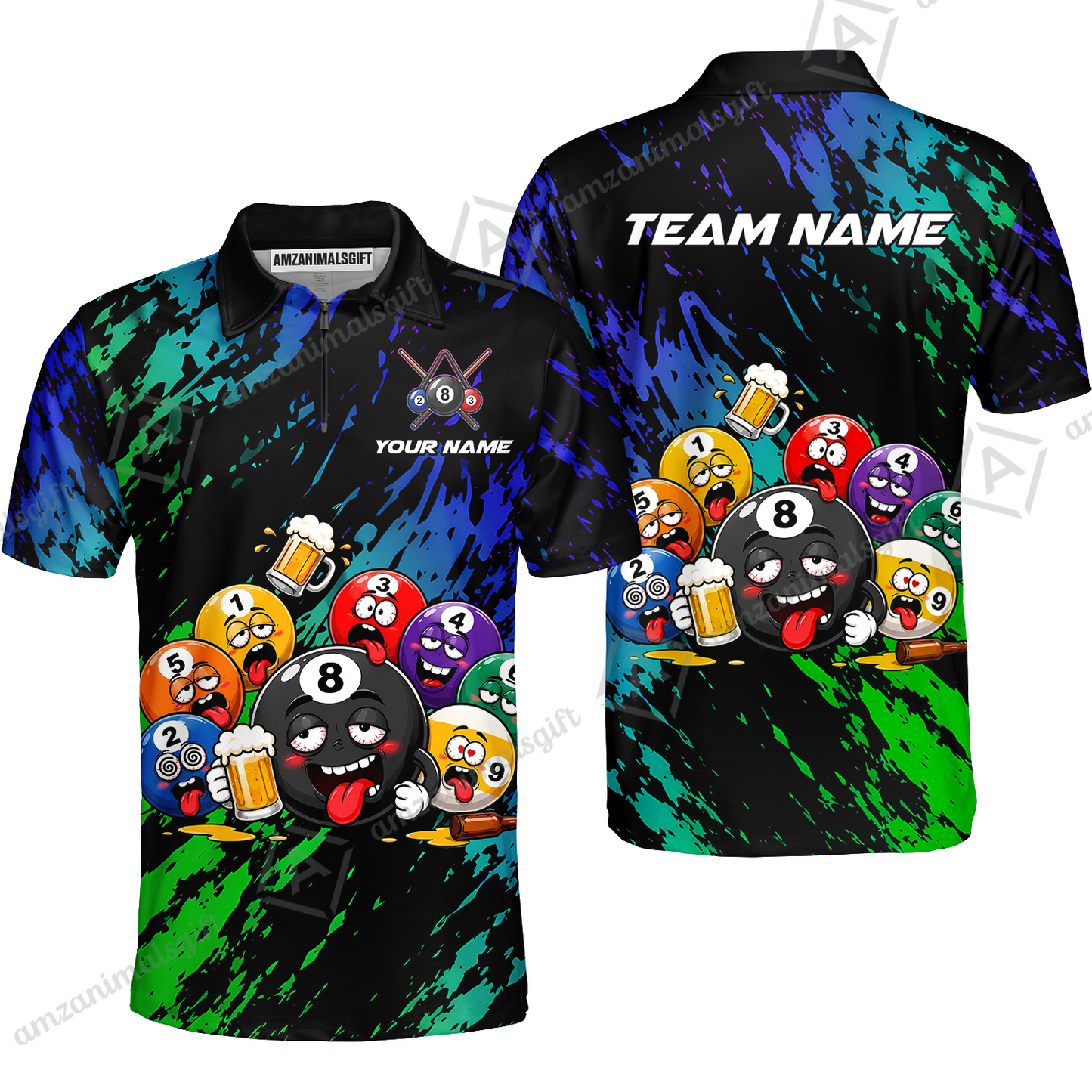 Customized 8 And 9 Ball Pool Quarter-Zip Polo Shirt Drunk 8 Ball Holding Beer Billiard Jerseys Custom Name And Team Name
