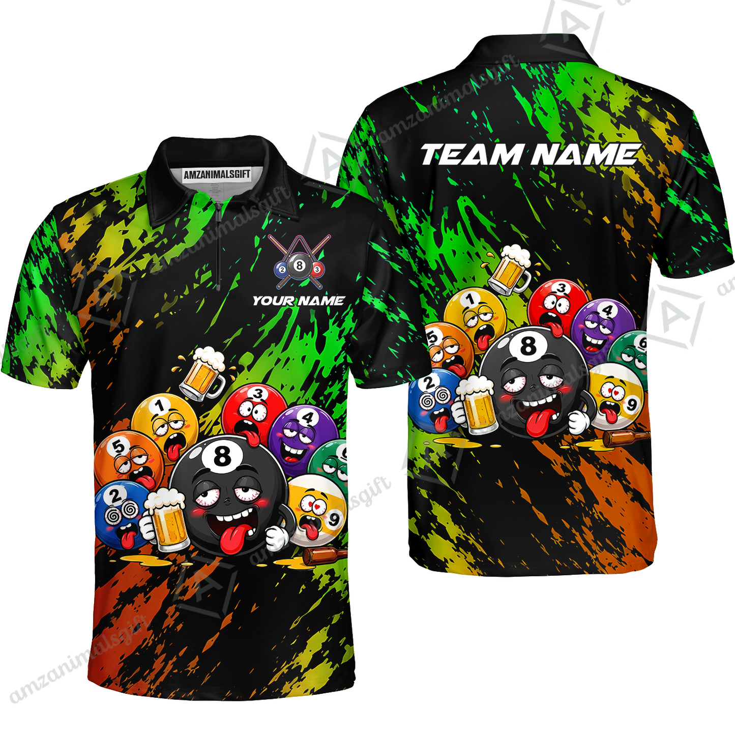 Customized 8 And 9 Ball Pool Quarter-Zip Polo Shirt Drunk 8 Ball Holding Beer Billiard Jerseys Custom Name And Team Name
