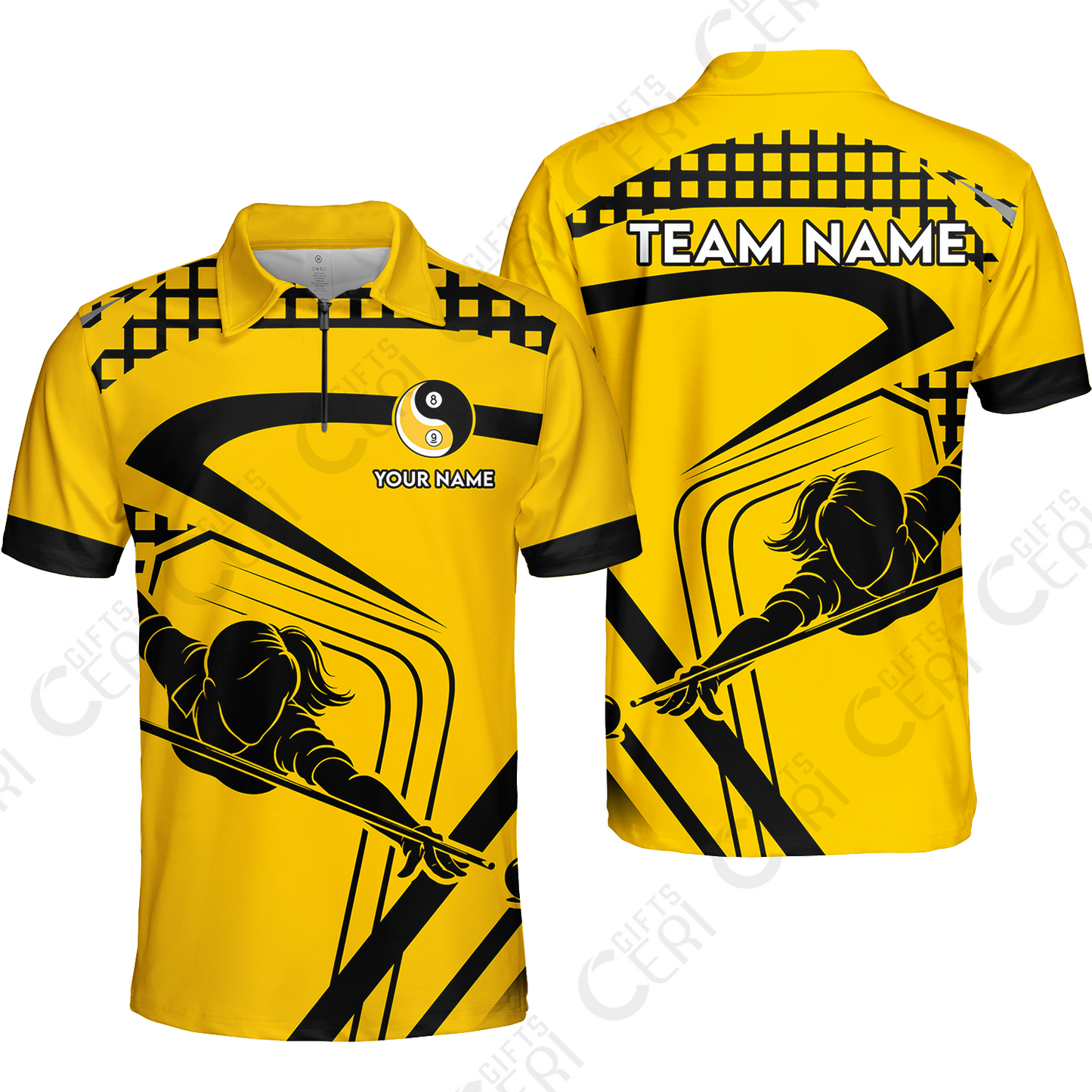 Customized Billiards Quarter-Zip Polo Shirt, Personalized Yellow Slash Yin Yang 8 9 Ball Jersey Gift For Billiard Players