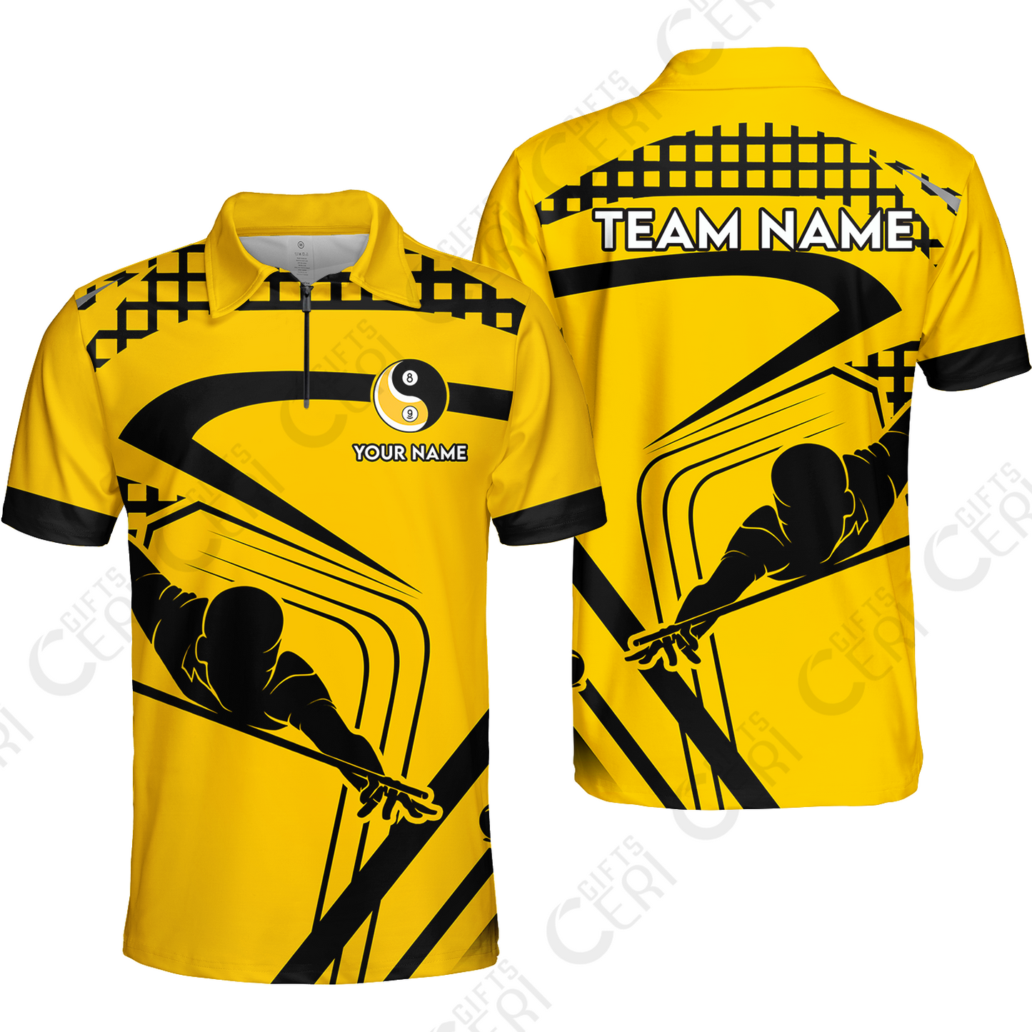 Customized Billiards Quarter-Zip Polo Shirt, Personalized Yellow Slash Yin Yang 8 9 Ball Jersey Gift For Billiard Players
