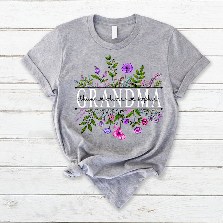 Personalized Mother's Day T-shirt, Custom Mom Nickname And Kid Name T-shirt, Wildflowers Grandma And Grandkids Watercolor Custom T-shirt