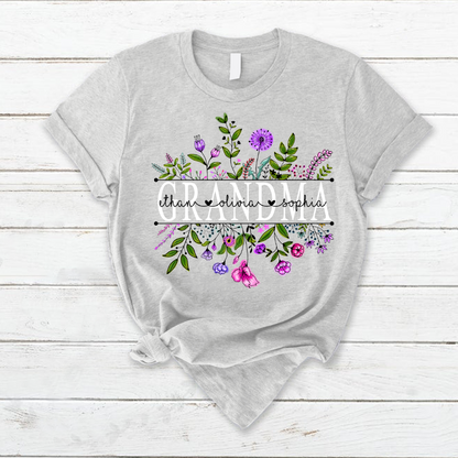 Personalized Mother's Day T-shirt, Custom Mom Nickname And Kid Name T-shirt, Wildflowers Grandma And Grandkids Watercolor Custom T-shirt