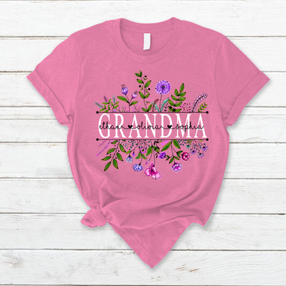 Personalized Mother's Day T-shirt, Custom Mom Nickname And Kid Name T-shirt, Wildflowers Grandma And Grandkids Watercolor Custom T-shirt