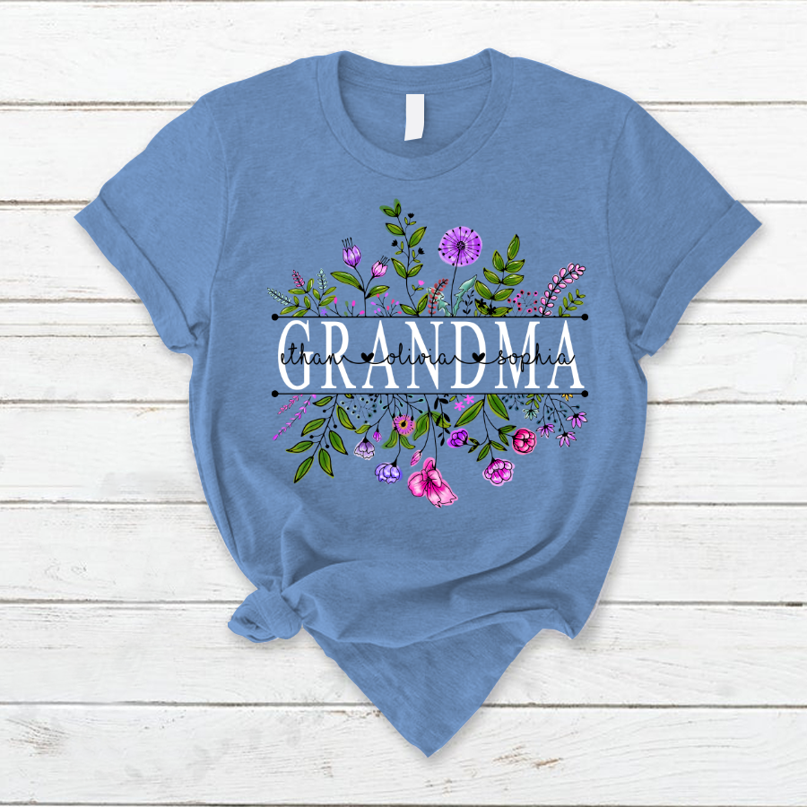 Personalized Mother's Day T-shirt, Custom Mom Nickname And Kid Name T-shirt, Wildflowers Grandma And Grandkids Watercolor Custom T-shirt