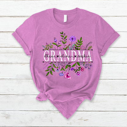Personalized Mother's Day T-shirt, Custom Mom Nickname And Kid Name T-shirt, Wildflowers Grandma And Grandkids Watercolor Custom T-shirt