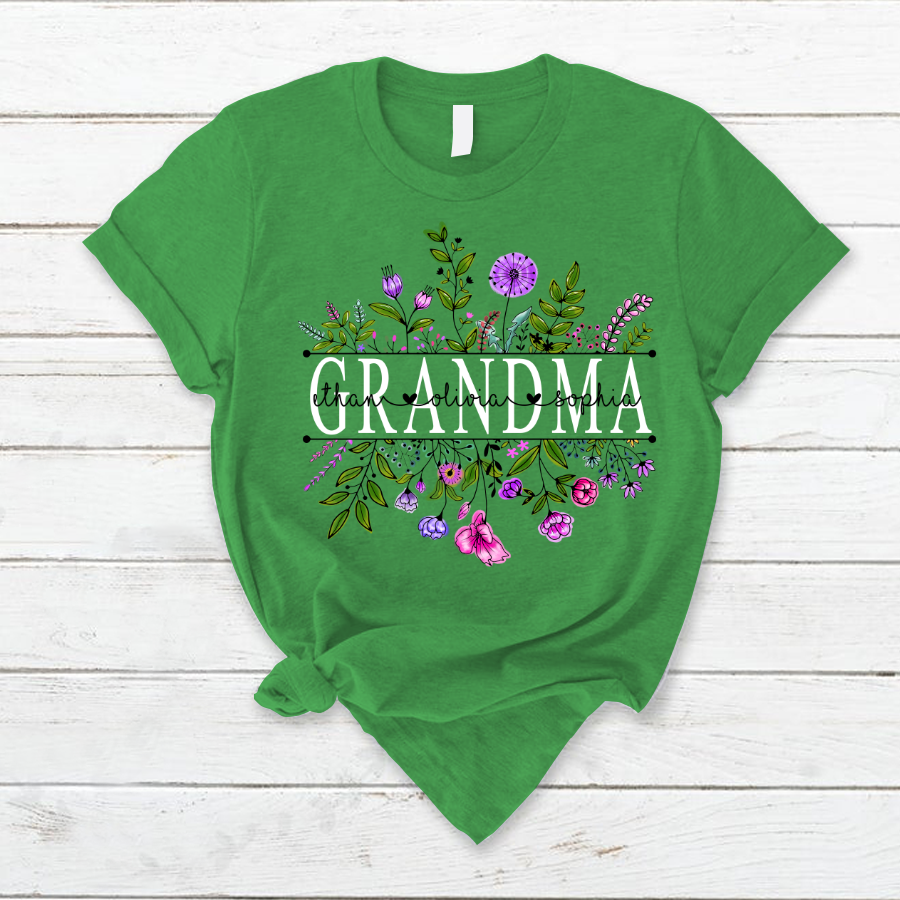 Personalized Mother's Day T-shirt, Custom Mom Nickname And Kid Name T-shirt, Wildflowers Grandma And Grandkids Watercolor Custom T-shirt