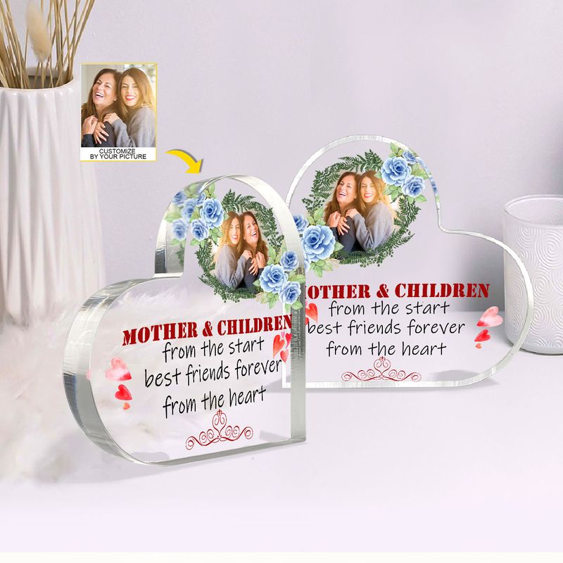 Mother Children Custom Photo Mother's Day, Floral Heart Personalized Heart Shaped Acrylic Plaque Home Decor - Custom Name Gifts For Mom, Nana, Mama