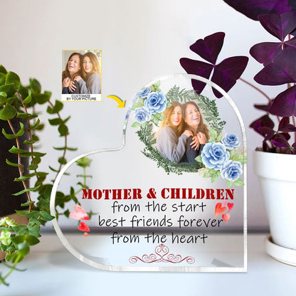 Mother Children Custom Photo Mother's Day, Floral Heart Personalized Heart Shaped Acrylic Plaque Home Decor - Custom Name Gifts For Mom, Nana, Mama