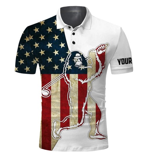 Funny Bigfoot Golf Polo Shirts, Patriotic American Flag Custom Name Sasquatch Playing Golf Apparel - Personalized Gift For Men, Husband, Boyfriend