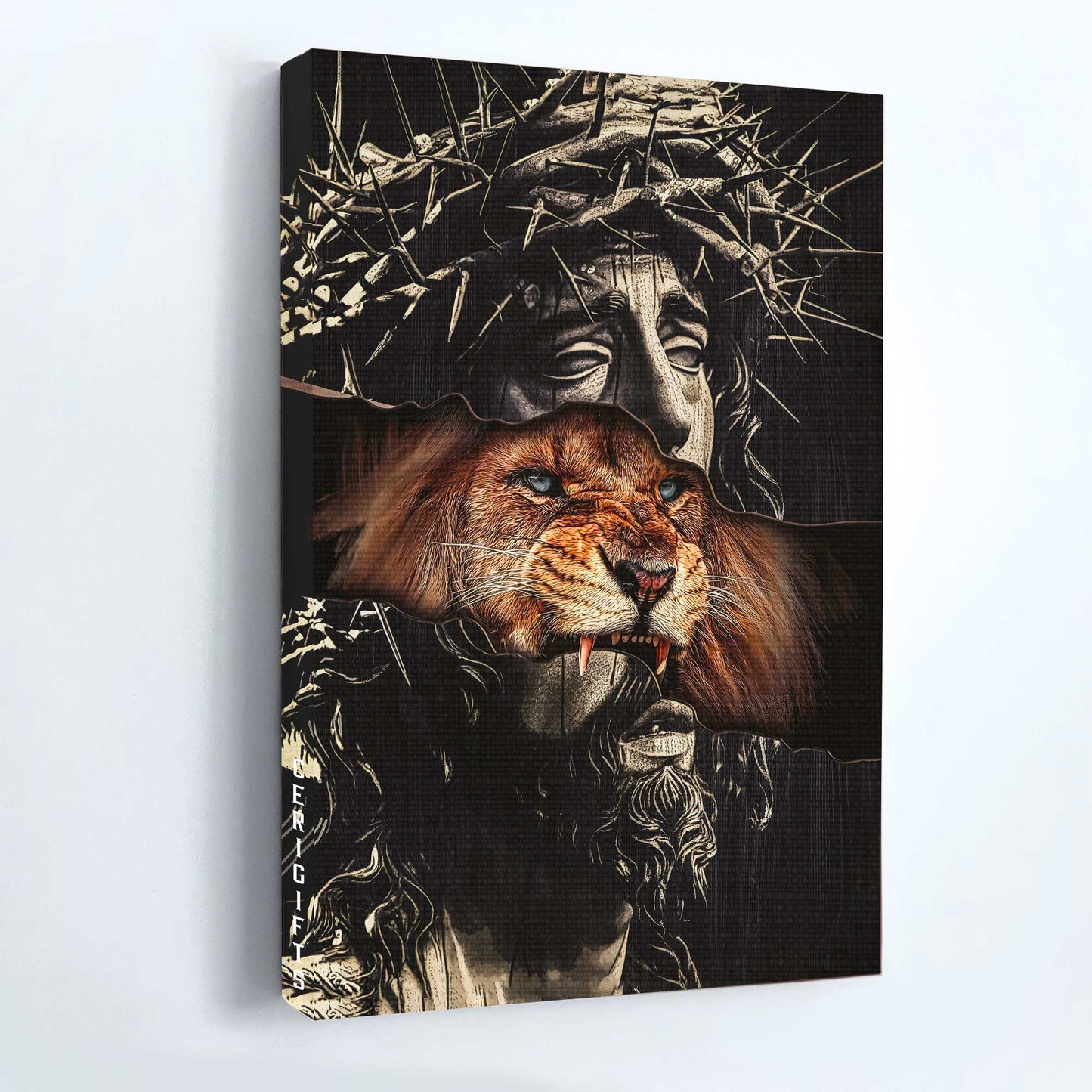 Jesus, Lion, Faith, God - Portrait Canvas - Stunning crown of thorn, Brown lion - Wall Decor Gift For Christian, Believer In Jesus