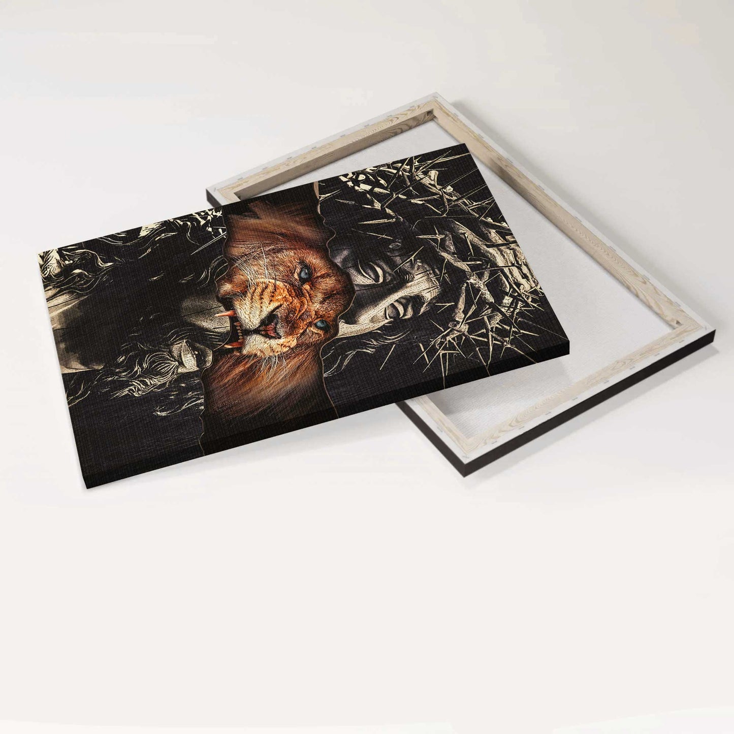 Jesus, Lion, Faith, God - Portrait Canvas - Stunning crown of thorn, Brown lion - Wall Decor Gift For Christian, Believer In Jesus