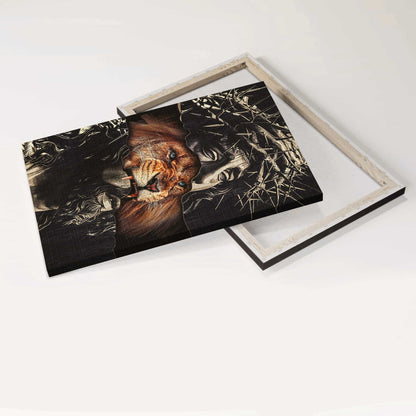 Jesus, Lion, Faith, God - Portrait Canvas - Stunning crown of thorn, Brown lion - Wall Decor Gift For Christian, Believer In Jesus