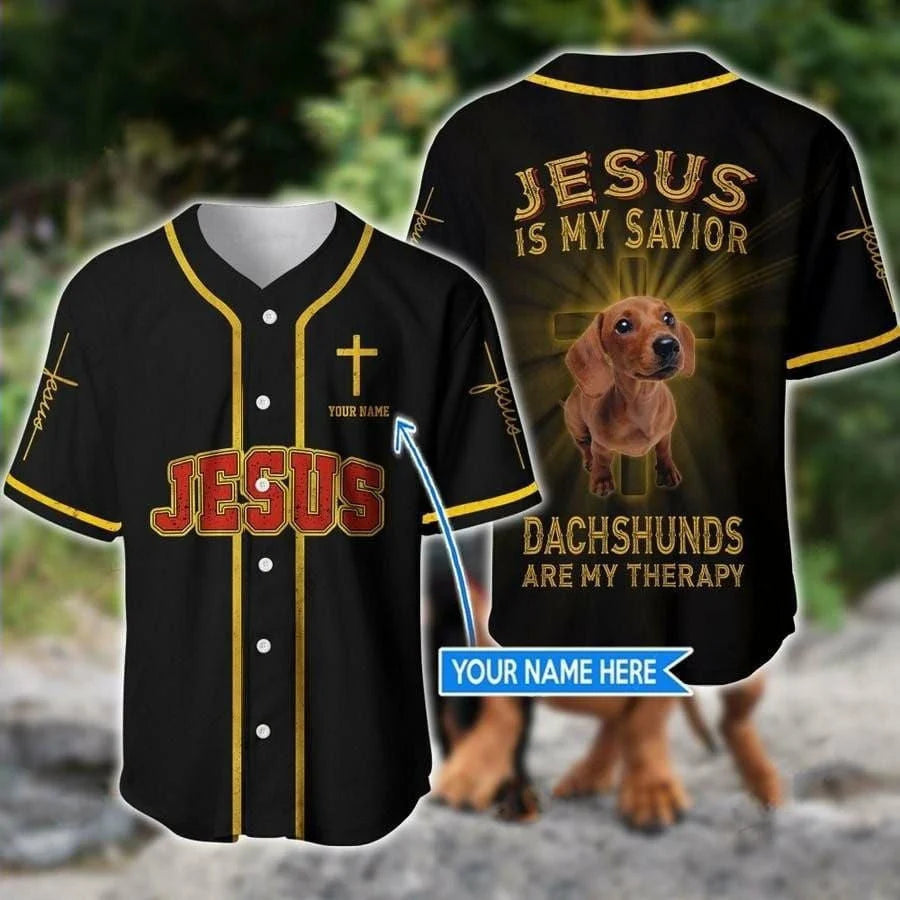 Personalized Dachshund, Jesus Baseball Jersey - Cross Dog Baseball Jersey - Gift For Christians, Dog Lovers - Dachshunds Are My Therapy Custom Baseball Jersey