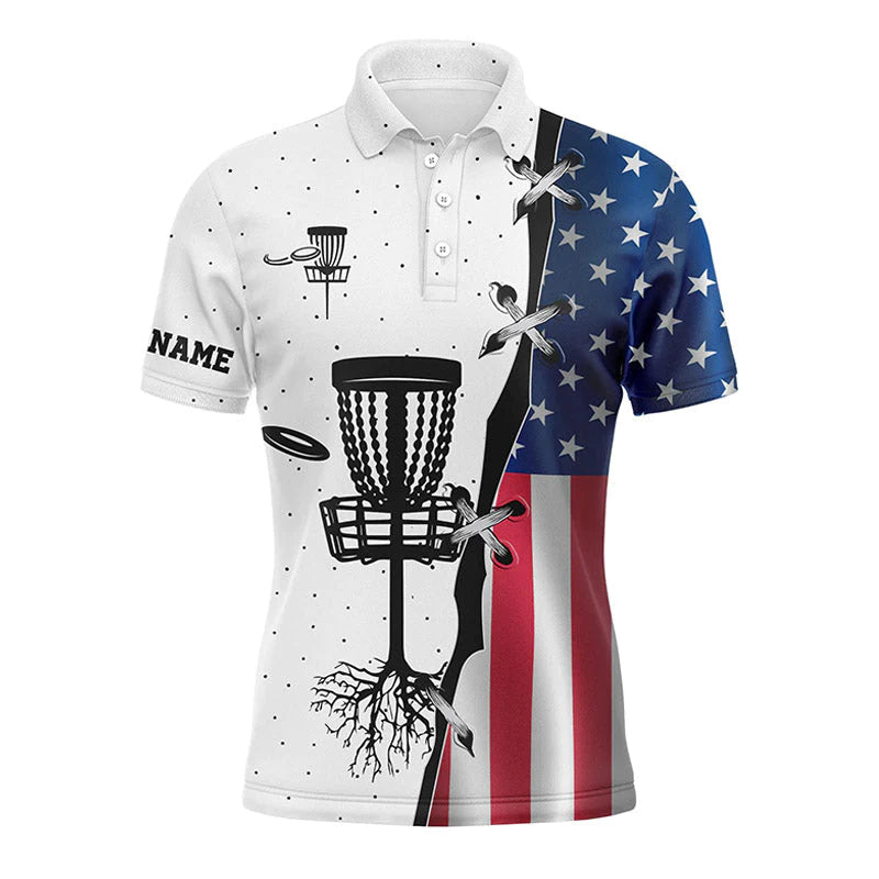 Men's Disc Polo Shirts, Custom Name American Flag Disc Golf Team Apparel - Personalized Gift For Men, Husband, Boyfriend, Golf Lovers