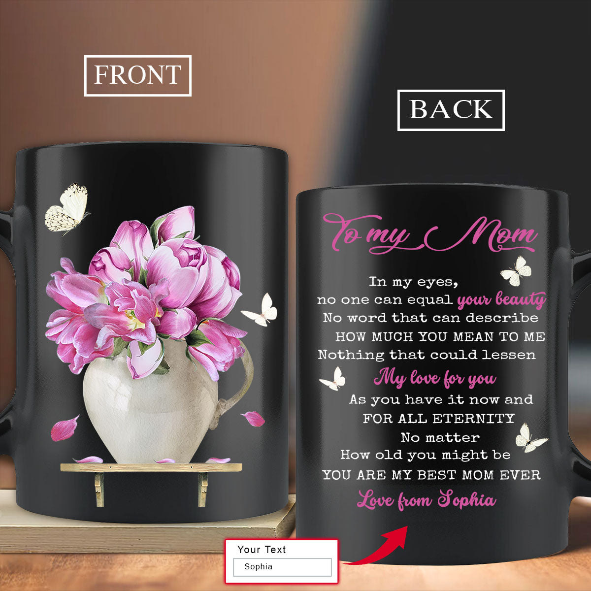 Gift For Mom Personalized Mug - Daughter to mom, Pink flower vase, Still life painting Mug - Custom Gift For Mother's Day, Presents for Mom - Best Mom