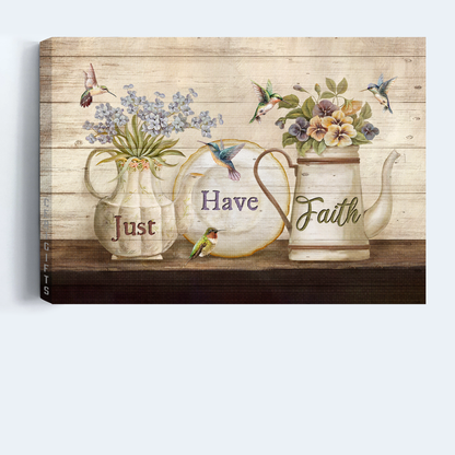Jesus Landscape Canvas- Blue small flowers, Oval plate, Hummingbirds canvas- Gift for Christian- Just have faith - Landscape Canvas Prints, Christian Wall Art