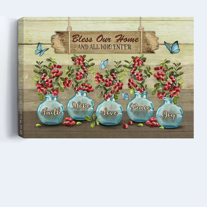 Jesus Landscape Canvas- Blue vase, Blue butterfly, Cranberry canvas- Gift for Christian- Bless our home - Landscape Canvas Prints, Christian Wall Art