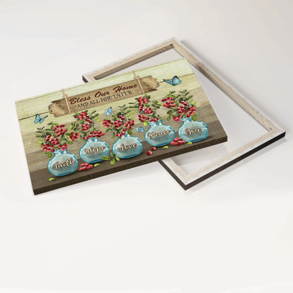 Jesus Landscape Canvas- Blue vase, Blue butterfly, Cranberry canvas- Gift for Christian- Bless our home - Landscape Canvas Prints, Christian Wall Art