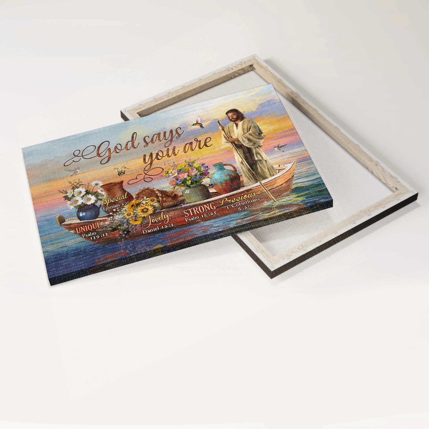Jesus Landscape Canvas- Amazing boat, Gorgeous flower pot, Awesome hummingbird Landscape Canvas- Gift For Christian- God says you are