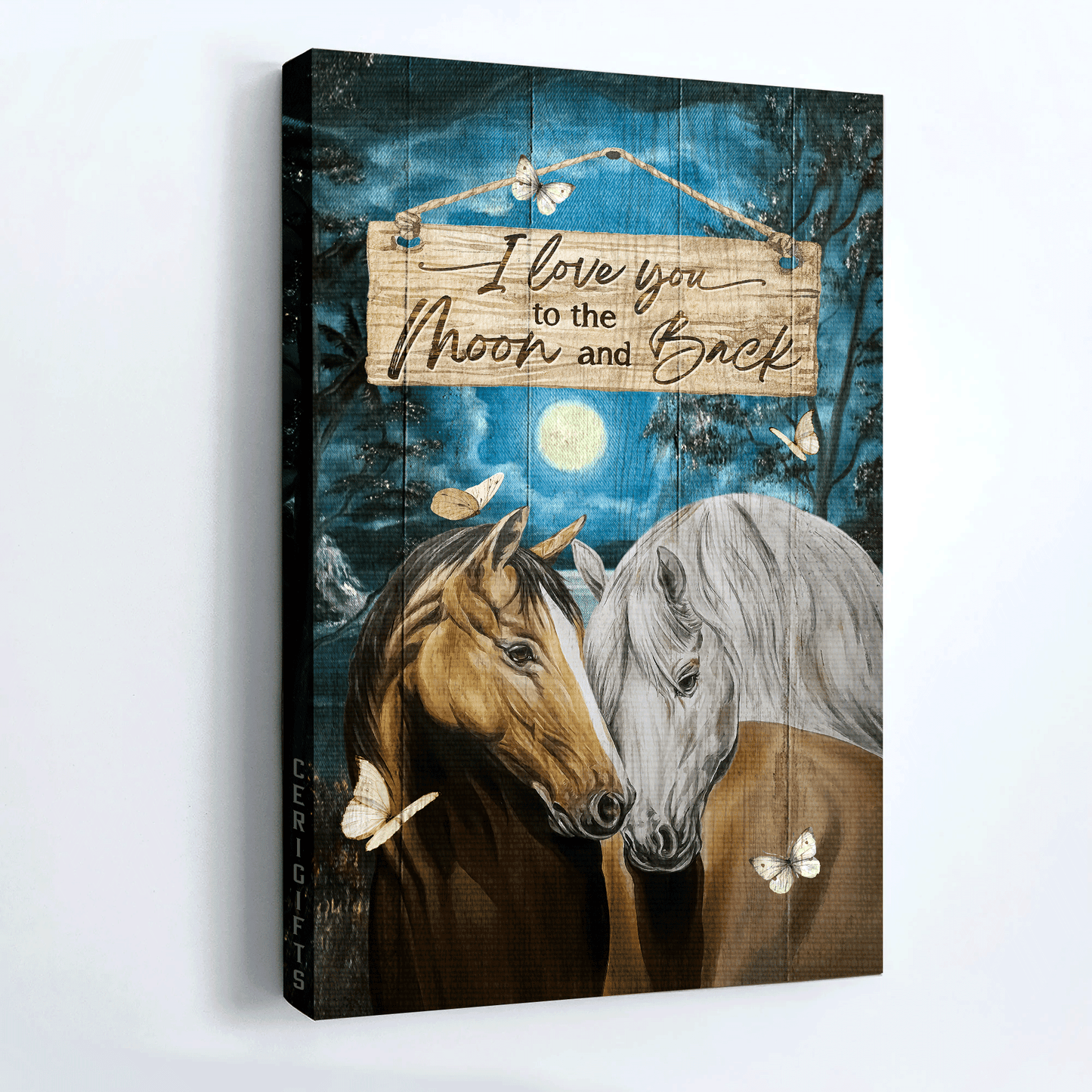 Family Portrait Canvas- Brown and white horse, Moon night, White butterfly canvas- Gift for members family-  I love you to the moon and back
