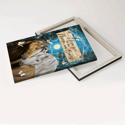 Family Portrait Canvas- Brown and white horse, Moon night, White butterfly canvas- Gift for members family-  I love you to the moon and back
