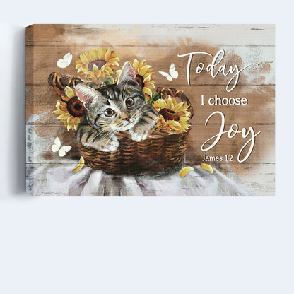 Jesus Landscape Canvas- Brown cat canvas, Bamboo basket, Sunflower vase canvas- Gift for Christian, Cat lover- Today I choose joy