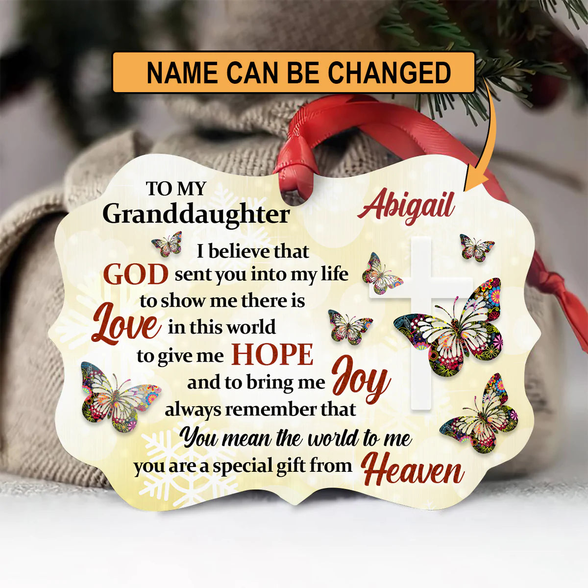 Personalized Gift For Granddaughter Aluminum Ornament, God, Butterfly, Cross Aluminium Ornament - Custom Gift For Christian, Granddaughter, Family