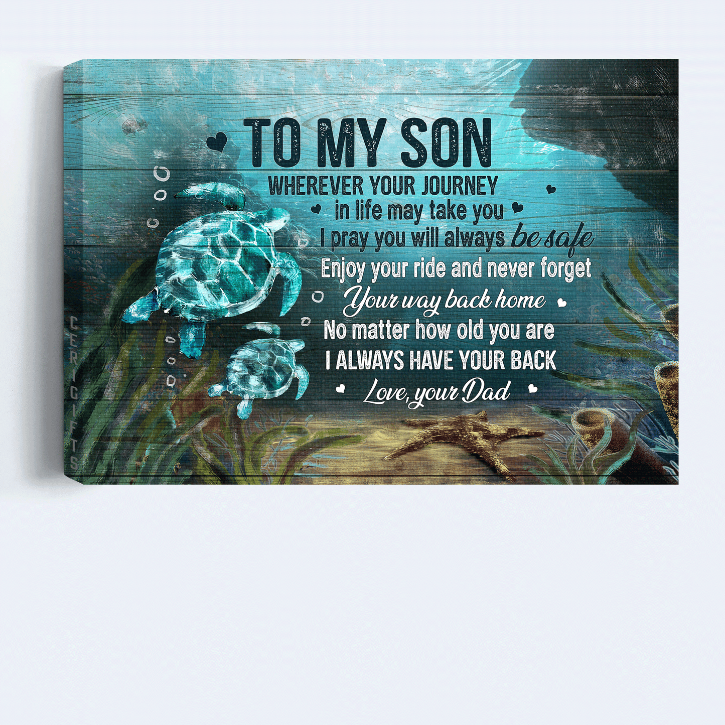 Family Landscape Canvas- To my son canvas, Turtle painting, Blue ocean, Dad to son canvas- Gift for son- Never forget your way back home