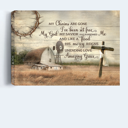 Jesus Landscape Canvas- Farm house painting, Meadow landscape, Tranquil farm, Wooden cross canvas- Gift for Christian- My chain are gone, I've been set free