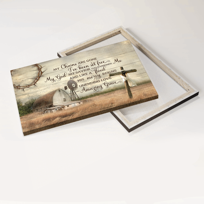 Jesus Landscape Canvas- Farm house painting, Meadow landscape, Tranquil farm, Wooden cross canvas- Gift for Christian- My chain are gone, I've been set free