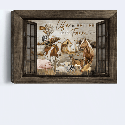 Family Landscape Canvas- Farm animal, Dairy cow, Brown horse, Rooster chicken canvas- Gift for members family- Life is better on the farm