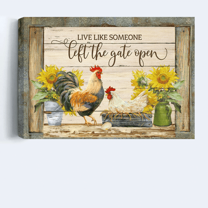 Family Landscape Canvas- Farm, Chicken couple, Sunflower canvas- Gift for members family- Live like someone, left the gate open