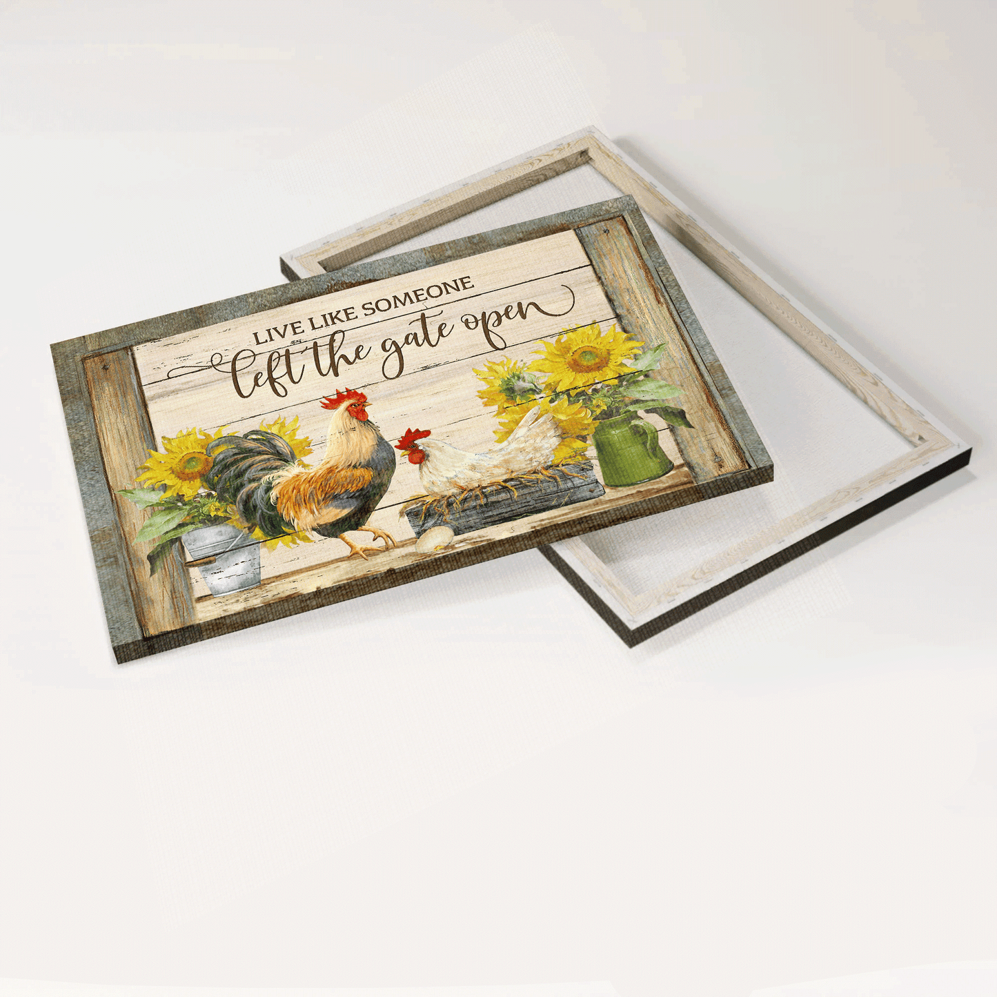 Family Landscape Canvas- Farm, Chicken couple, Sunflower canvas- Gift for members family- Live like someone, left the gate open